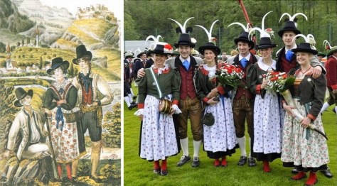 À esquerda: aquarela da década de 1830 mostrando os trajes típicos da região de Folgaria. Ao fundo, a cidade de Besenello. [1] À direita: versão moderna do traje típico – companhia de atiradores de Rovereto. [2]