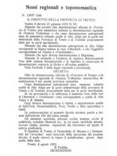 Decreto fascista de 1923 que proibia na região de Trento e Bolzano o uso do secular topônimo “Tirol” e impunha o uso de "Triveneto".