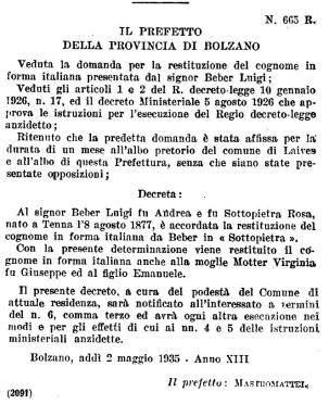 Italianização do sobrenome Beber para Sottopietra durante o fascismo.