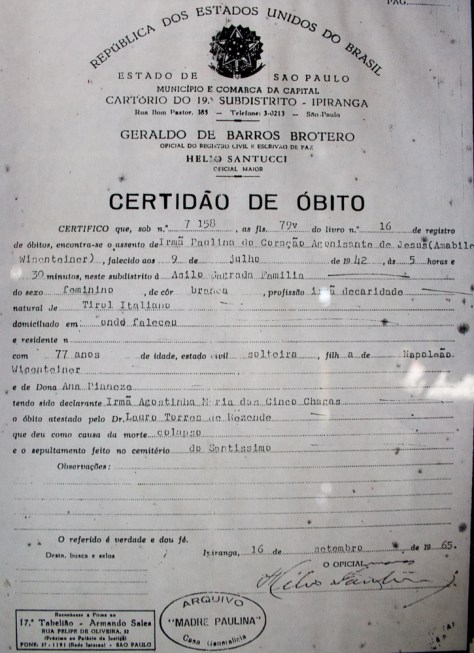 Certidão de óbito de Santa Paulina, Amabile Visentainer (Wisenteiner em alguns registros de Nova Trento).